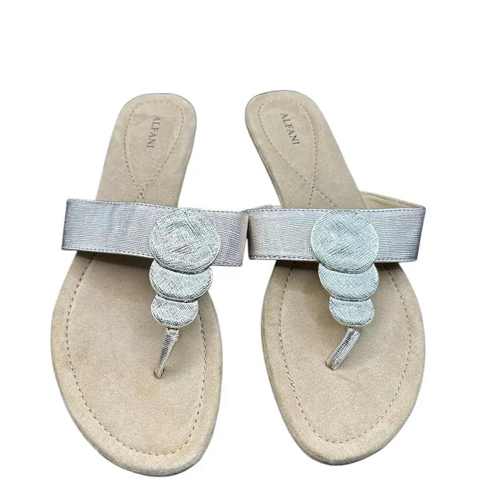 Alfani Women’s Fleurr Pewter Metallic T-Strap Thong Wedge Sandal Size 9.5